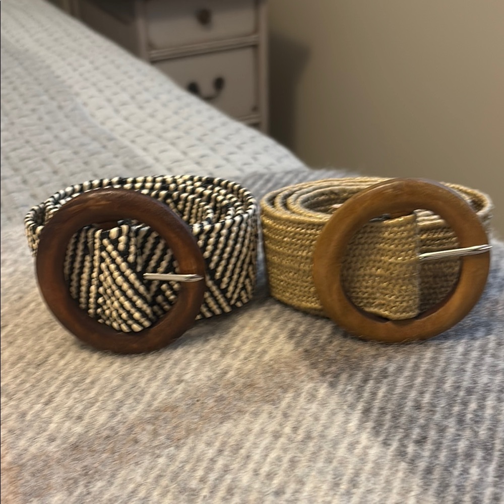 Stylish Tan and Black Women's Belts with Wooden Buckles